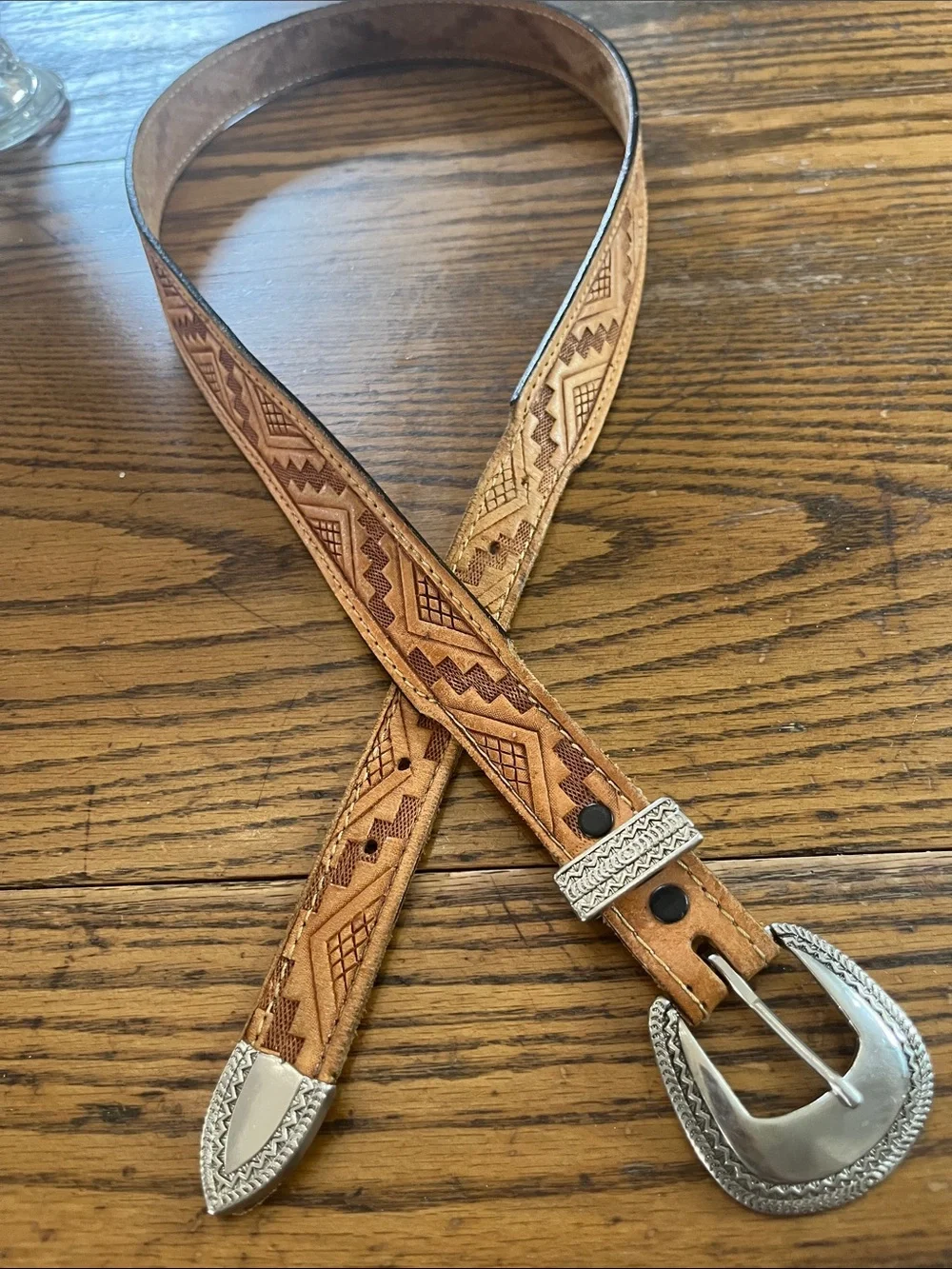 Western Tooled Leather Belt with Silver-Tone Buckle - Brown